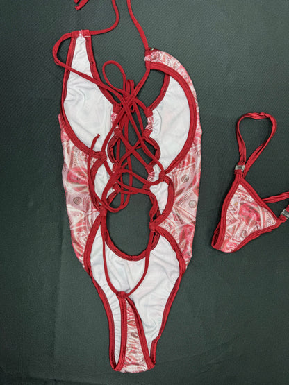 Red Money Print One-Piece Lingerie Outfit
