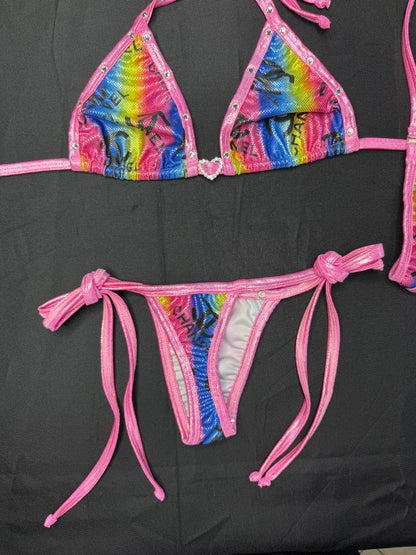Metallic Pink/Designer Rainbow Spandex Two-Piece Bikini Lingerie Outfit