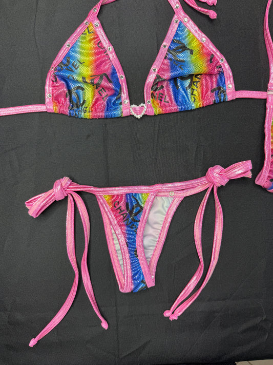 Metallic Pink/Designer Rainbow Spandex Two-Piece Bikini Lingerie Outfit