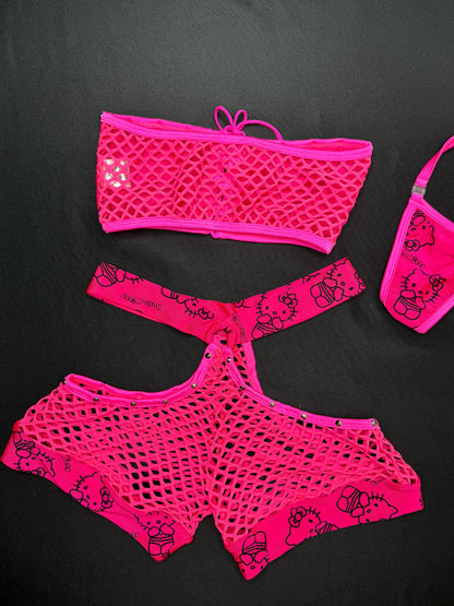 Hot Pink Fishnet Kitty Tube Top/Shorts Two-Piece Lingerie Outfit