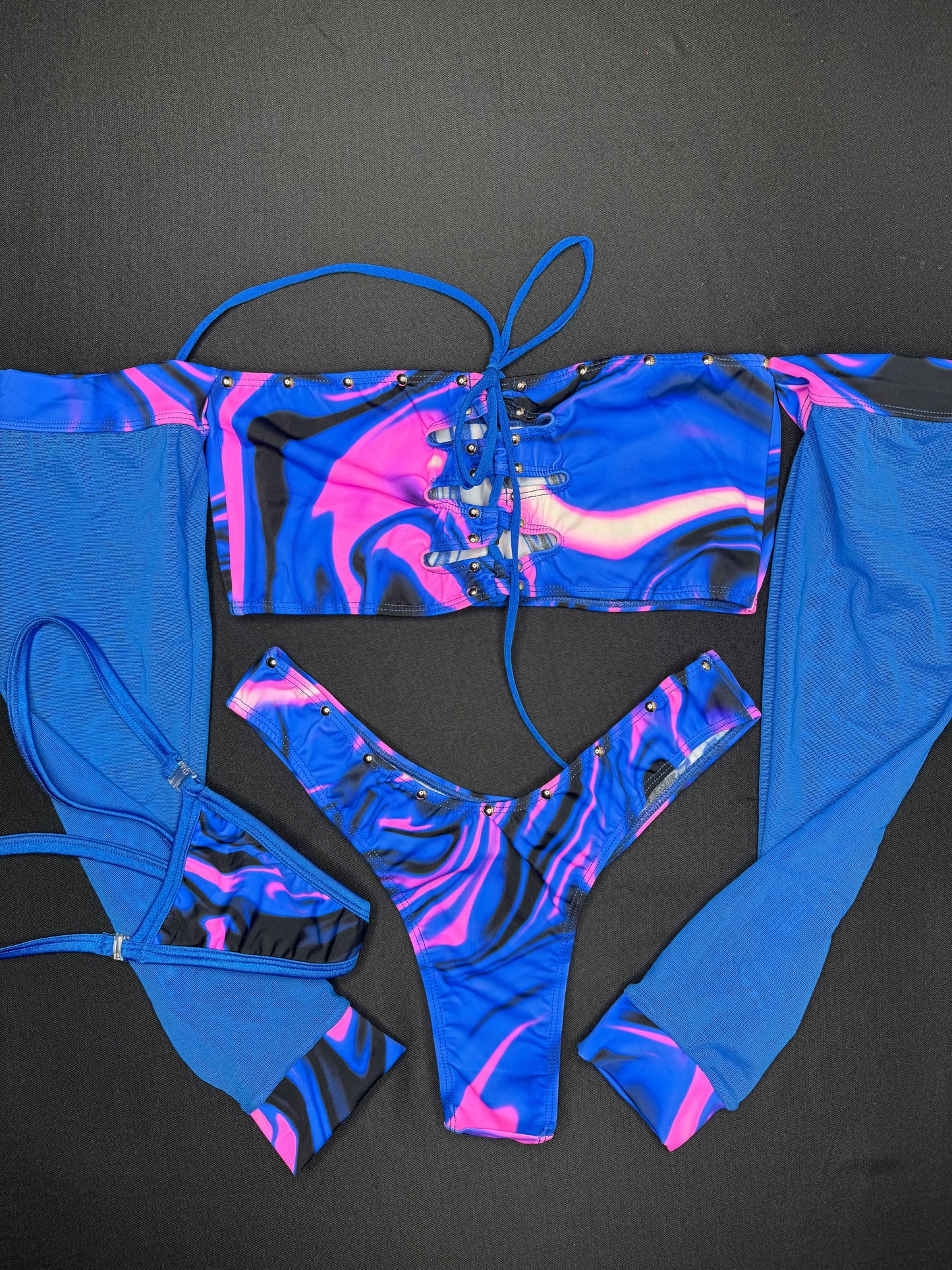 Royal Blue/Cosmic Purple/Pink Tube Top Cheeky Thong Two-Piece Lingerie Outfit