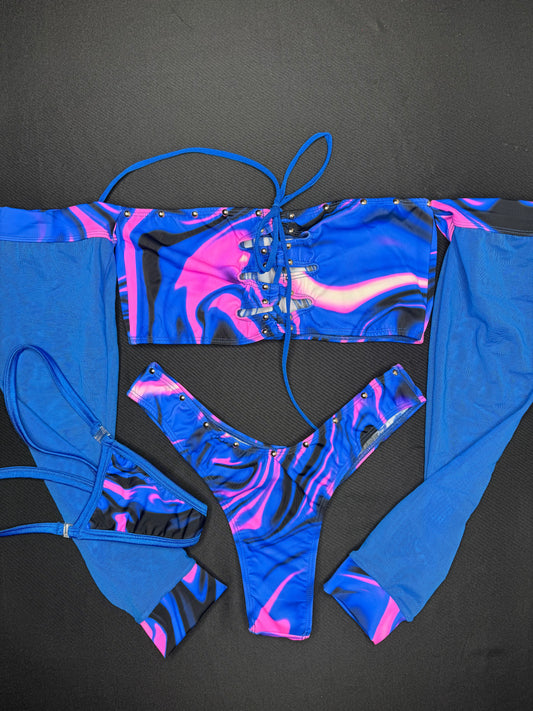 Royal Blue/Cosmic Purple/Pink Tube Top Cheeky Thong Two-Piece Lingerie Outfit