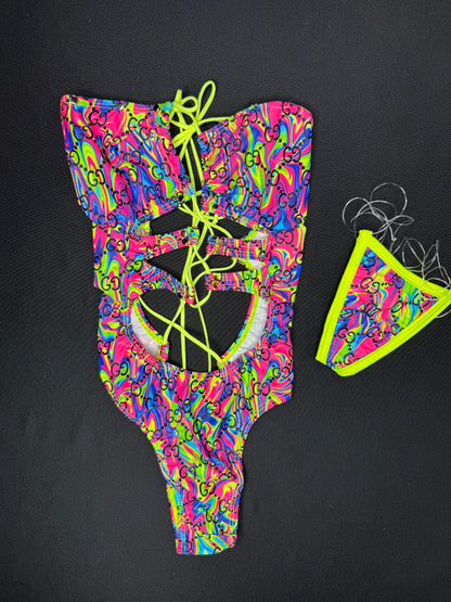 Tie Dye/Neon Yellow One-Piece Lingerie Outfit
