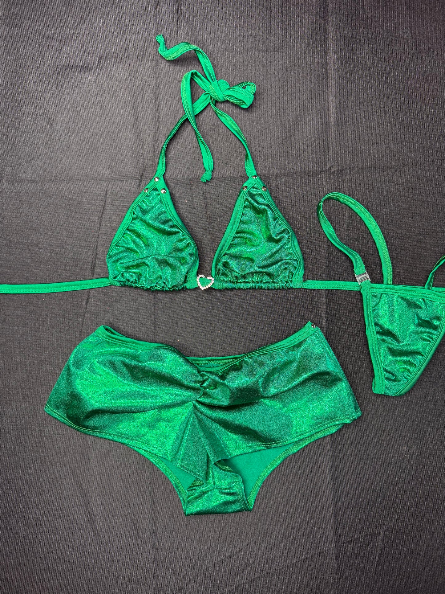Metallic Green Bikini Top/Shorts Two-Piece Lingerie Outfit