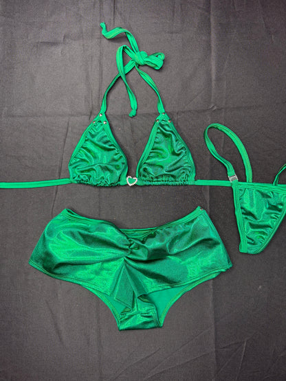 Metallic Green Bikini Top/Shorts Two-Piece Lingerie Outfit