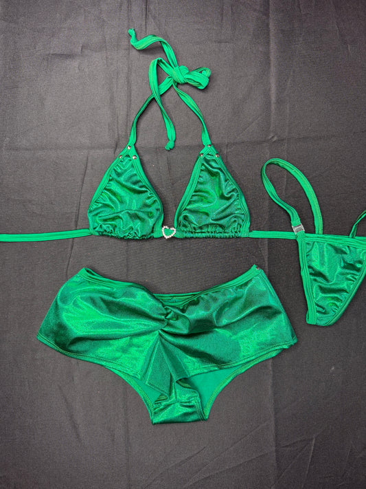 Metallic Green Bikini Top/Shorts Two-Piece Lingerie Outfit