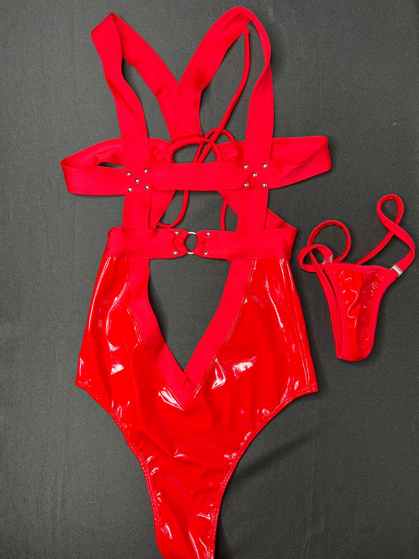 Red Latex One-Piece Leotard Lingerie Outfit