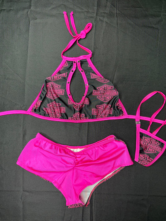 Black/Pink Harley Spandex Sports Bra/Shorts Two-Piece Lingerie Outfit