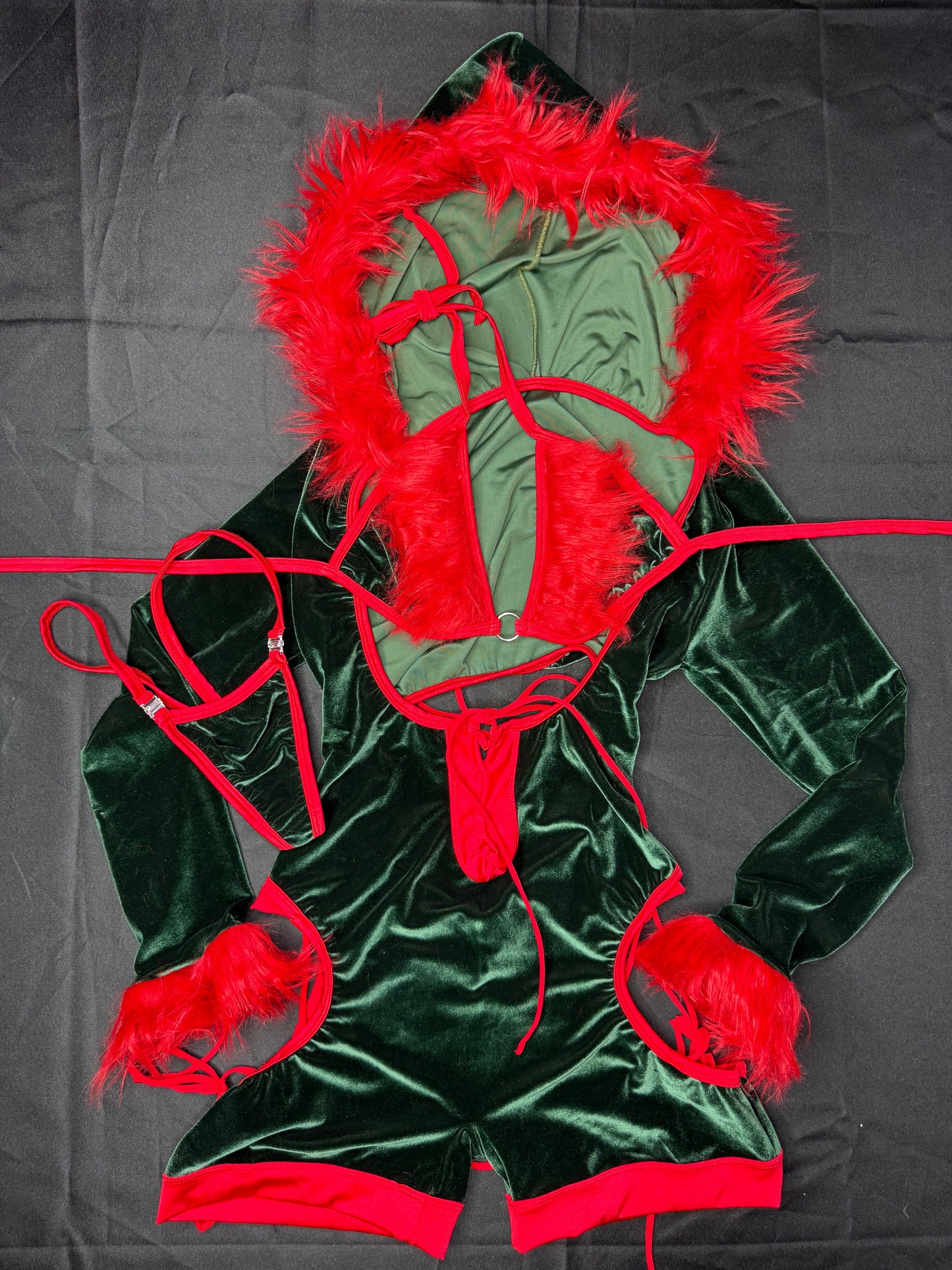 Green Velvet/Red Fur Hoodie Romper Christmas Lingerie Outfit