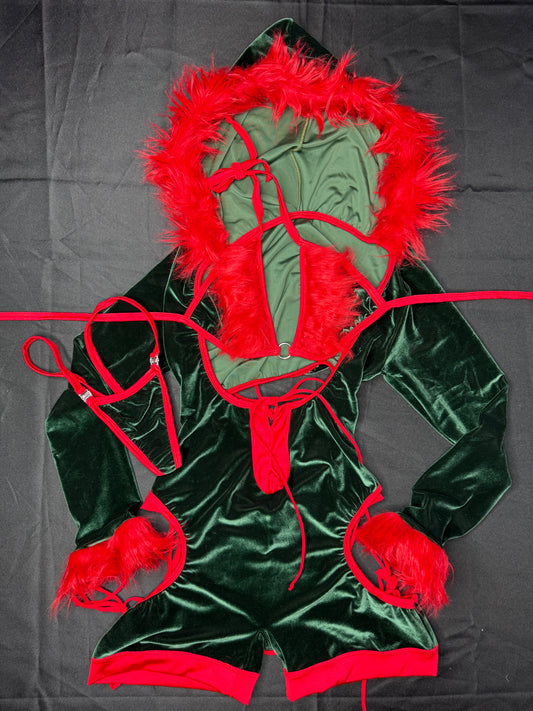 Green Velvet/Red Fur Hoodie Romper Christmas Lingerie Outfit