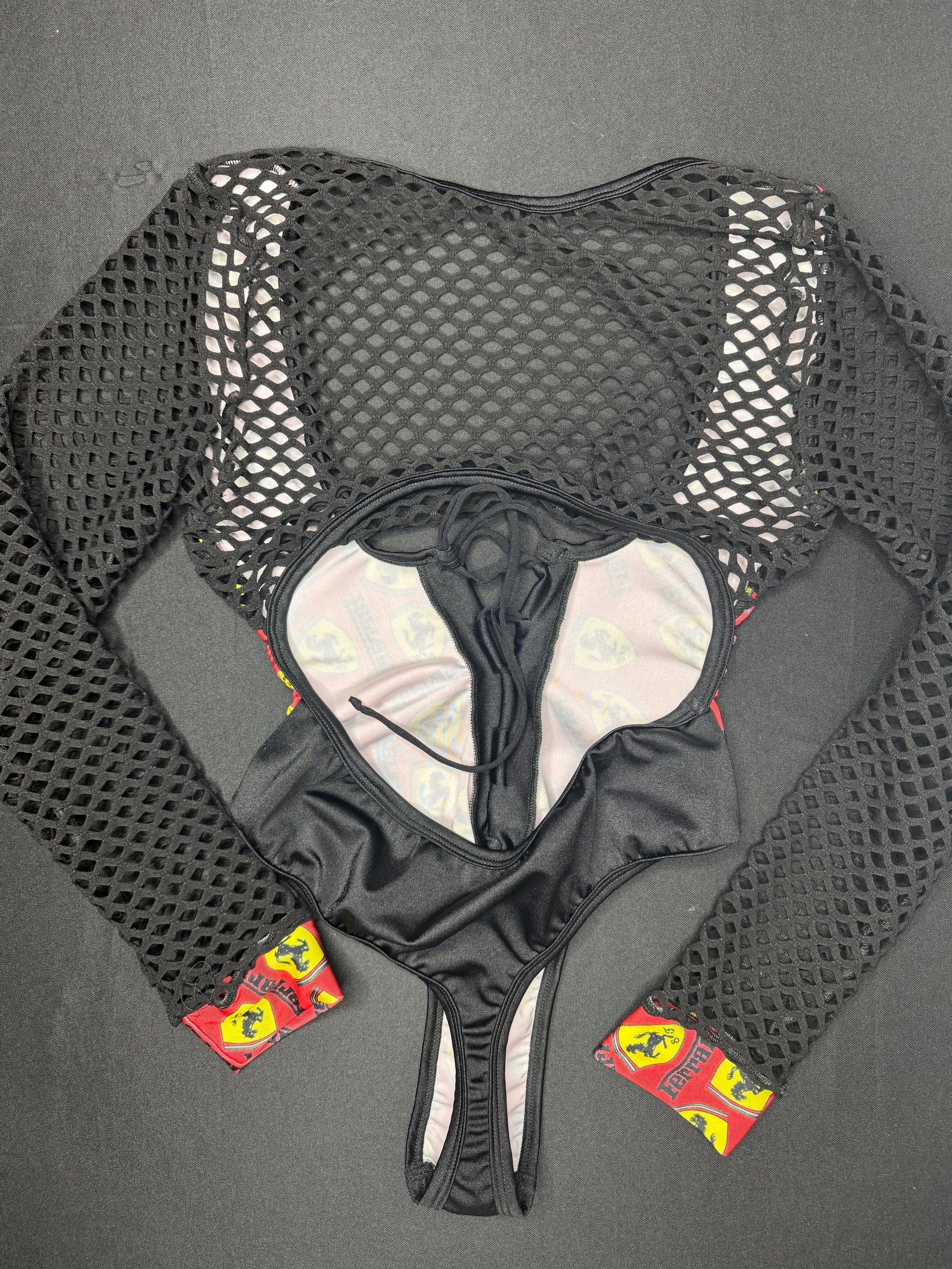 Designer Red Spandex/Black Fishnet One-Piece Lingerie Outfit ...