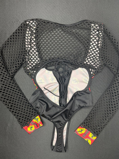 Designer Red Spandex/Black Fishnet One-Piece Lingerie Outfit