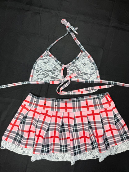 Light Pink/Red Spandex/White Lace Two-Piece Skirt with Tie School Girl Lingerie Outfit