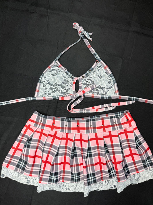 Light Pink/Red Spandex/White Lace Two-Piece Skirt with Tie School Girl Lingerie Outfit