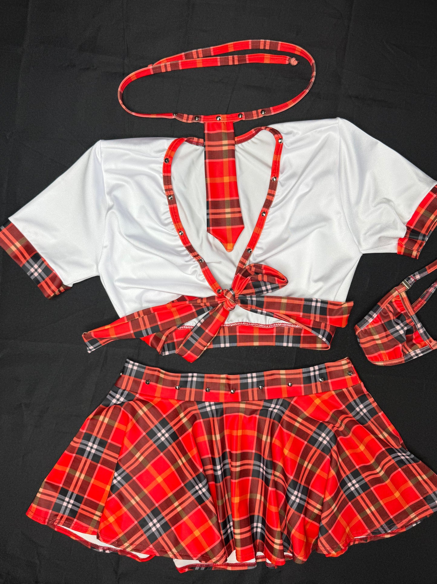 Bright Red/Orange/White Plaid Spandex Two-Piece Skirt with Tie School Girl Lingerie Outfit