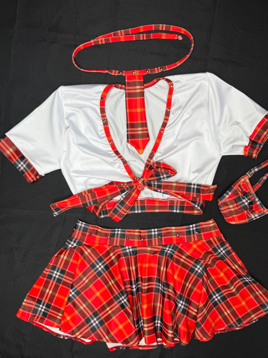 Bright Red/Orange/White Plaid Spandex Two-Piece Skirt with Tie School Girl Lingerie Outfit