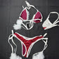 Burgundy/White Spandex/Fur Three-Piece Bikini With Hat Lingerie Outfit