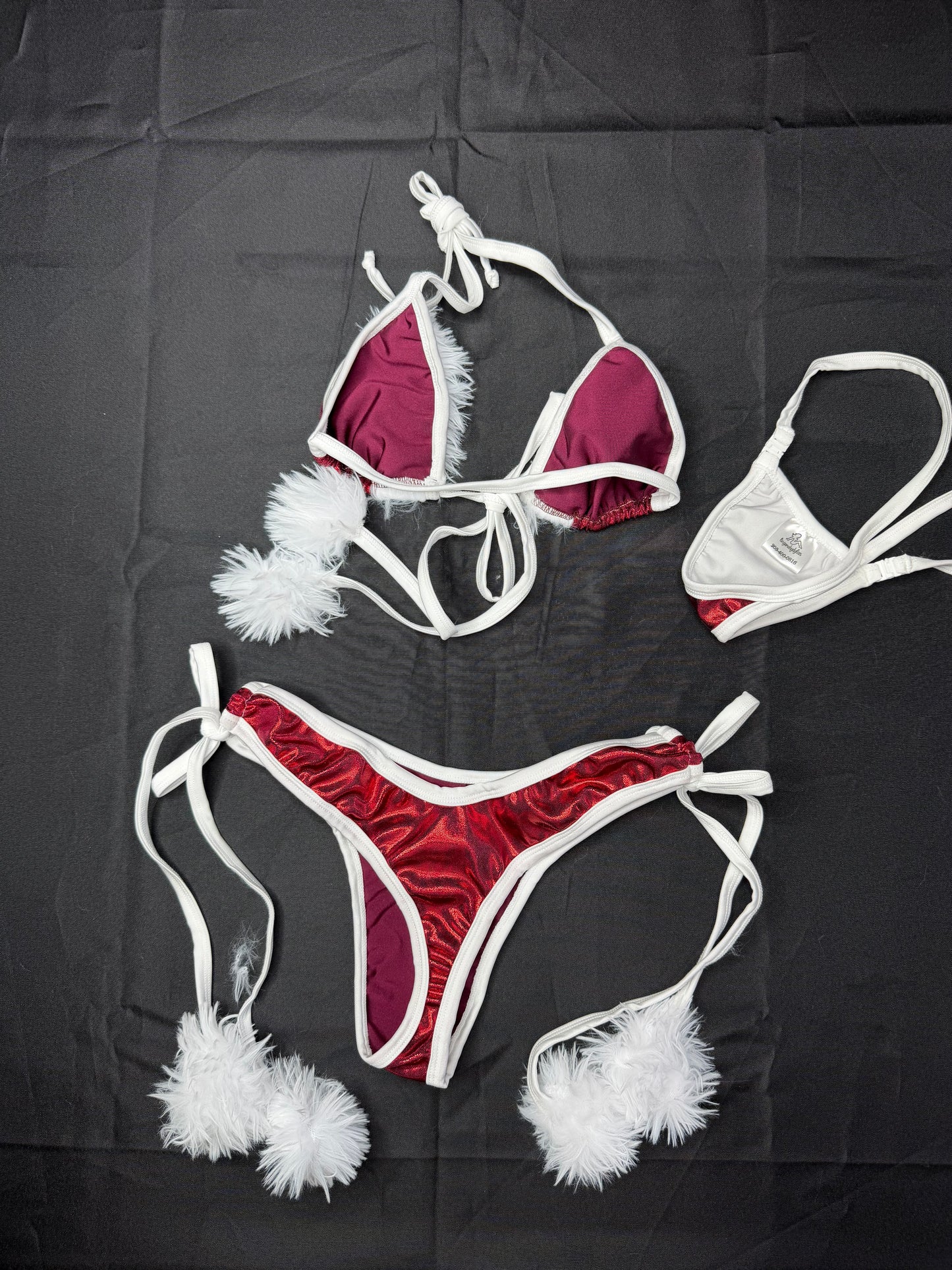 Burgundy/White Spandex/Fur Three-Piece Bikini With Hat Lingerie Outfit