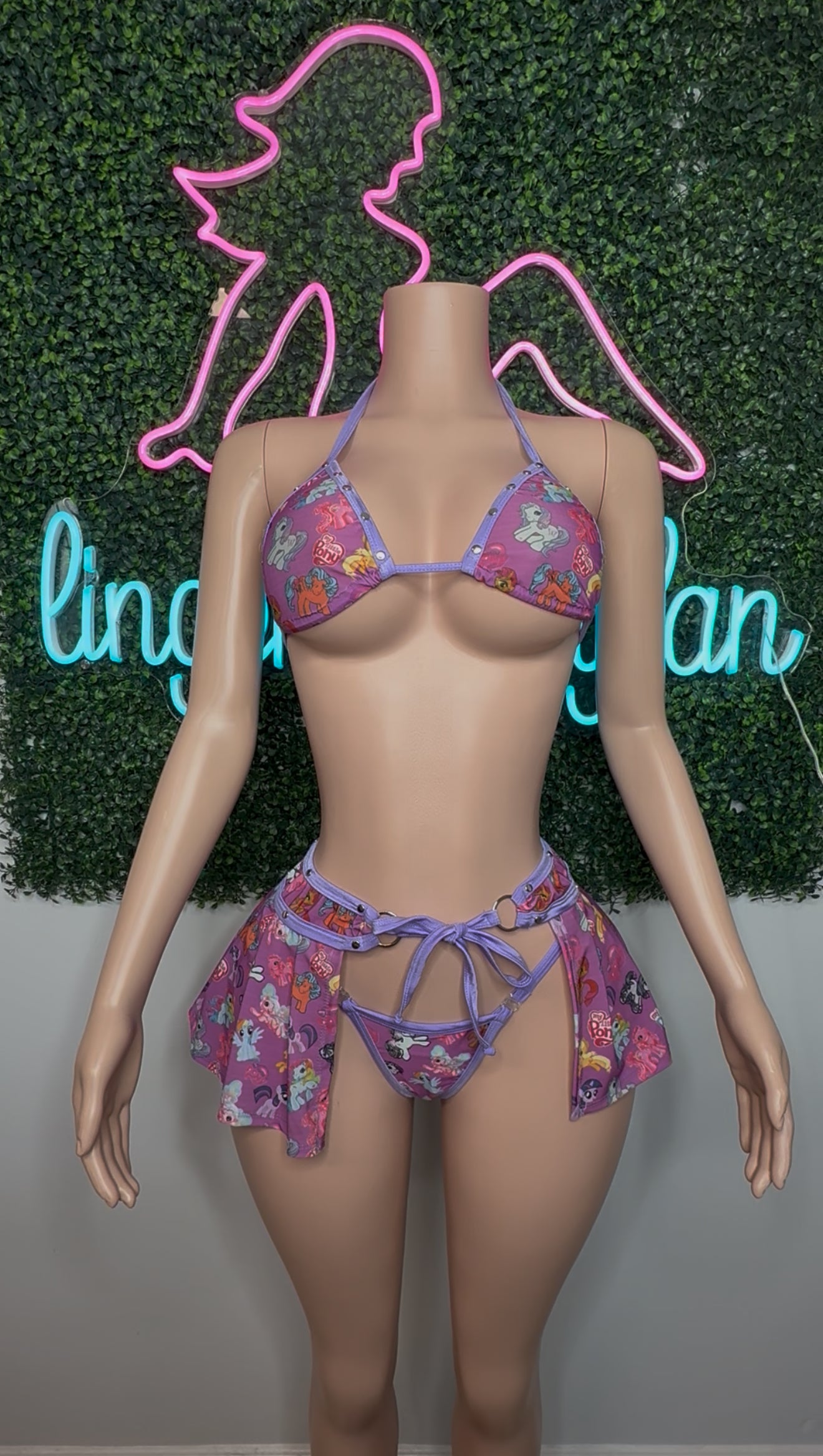Lavender/Pink Pony Spandex Bikini Top/Skirt Two-Piece Lingerie Outfit