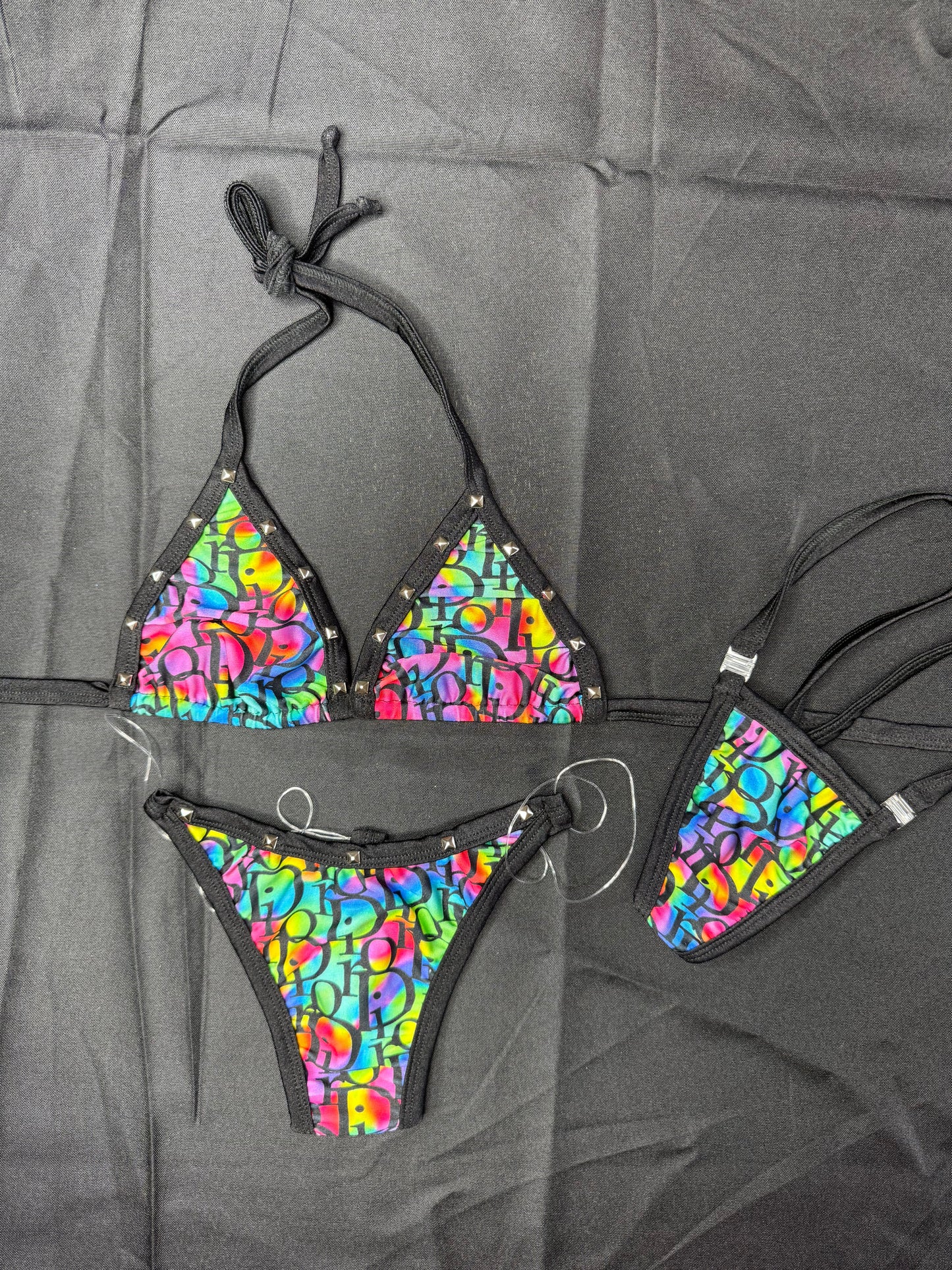 Rainbow Designer/Black Spandex Two-Piece Lingerie Outfit