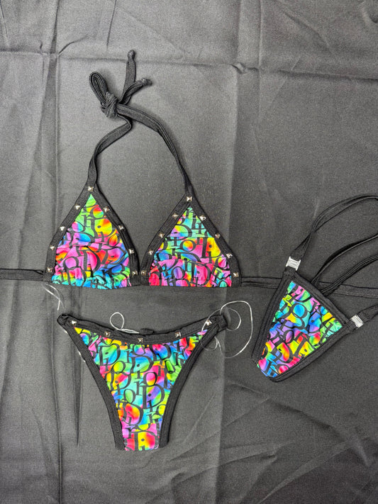 Rainbow Designer/Black Spandex Two-Piece Lingerie Outfit