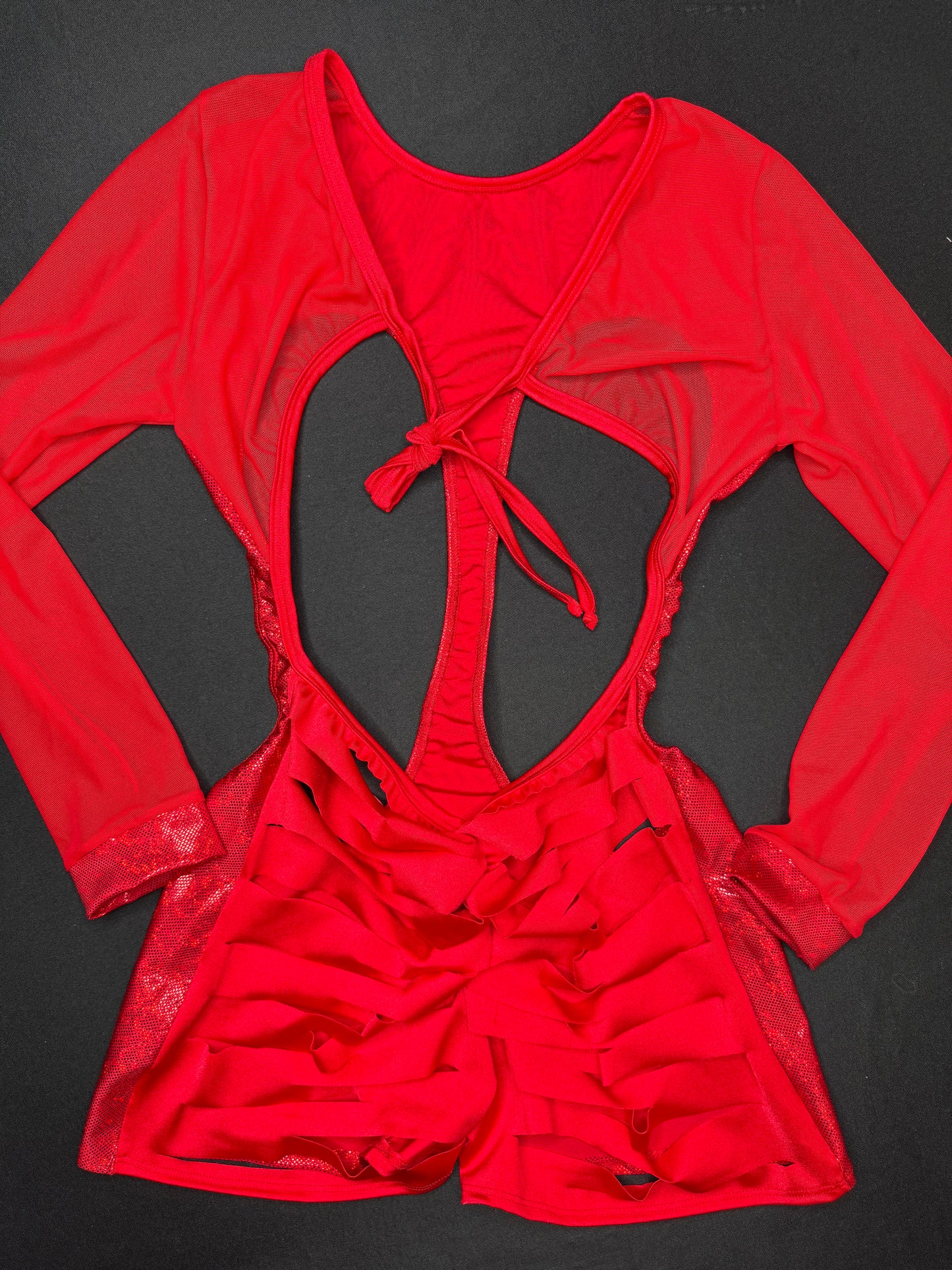 Metallic Red Spandex/Red Mesh Ripped Back Romper Lingerie Outfit