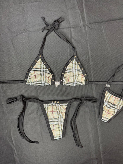 Holographic Designer Plaid/Black Spandex Two-Piece Bikini Lingerie Outfit