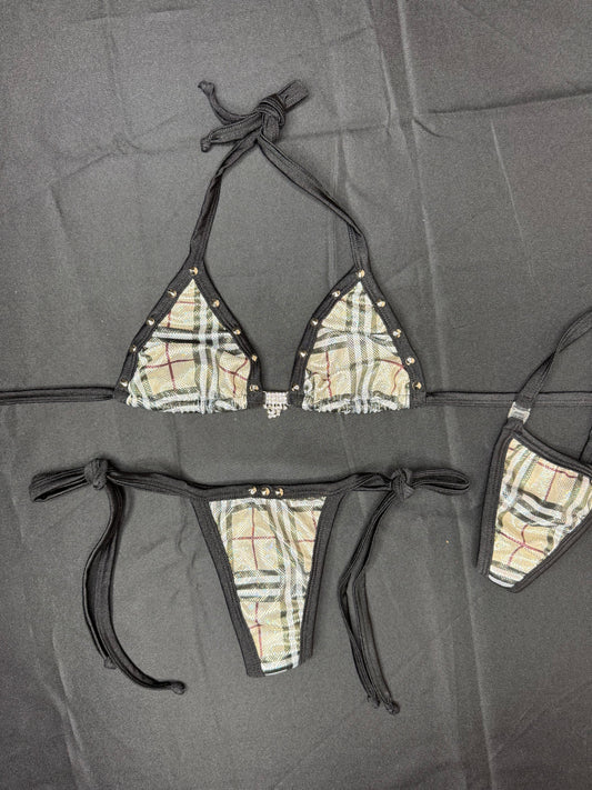 Holographic Designer Plaid/Black Spandex Two-Piece Bikini Lingerie Outfit