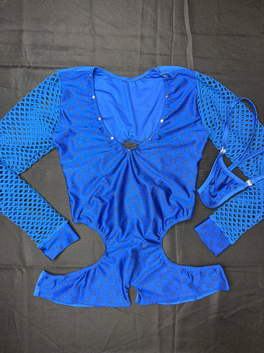 Royal Blue/Royal Blue Designer Print Spandex Romper Lingerie Outfit