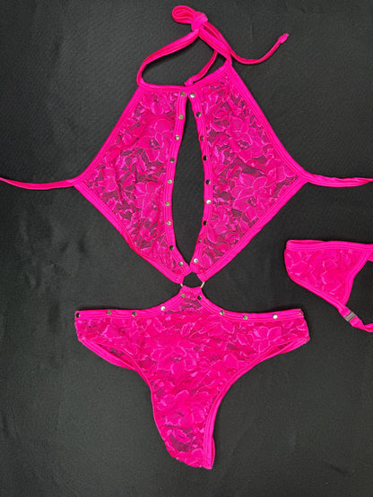 Hot Pink Lace One-Piece Lingerie Outfit