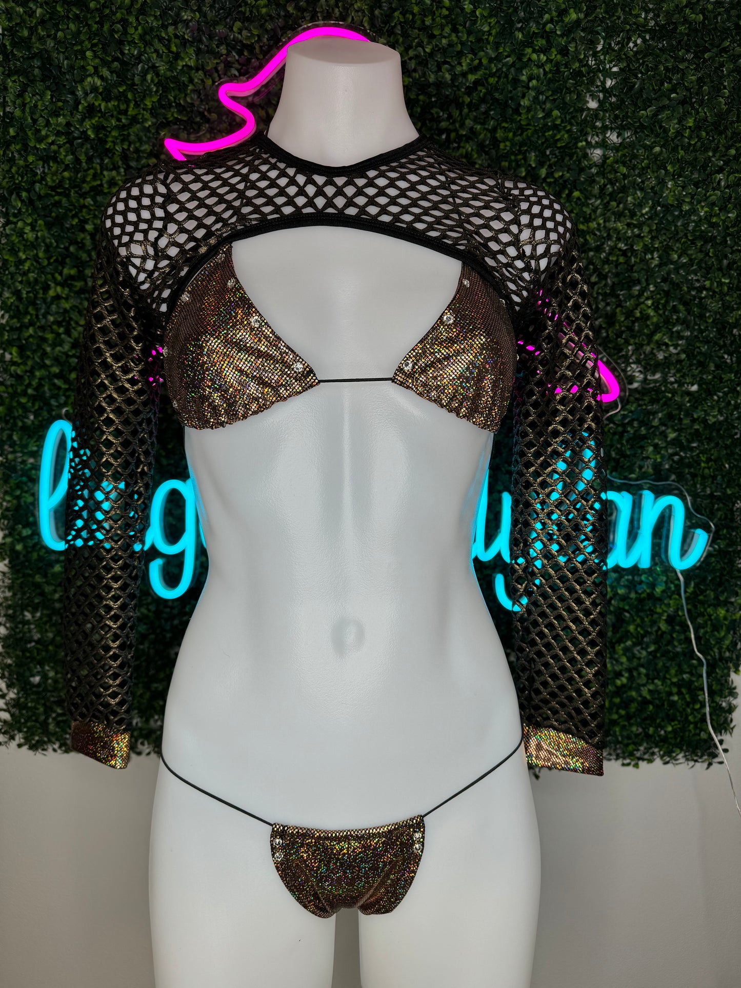 gold three-piece stripper outfit