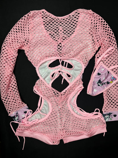 Baby Pink Kuromi One-Piece Fishnet Romper Lingerie Outfit