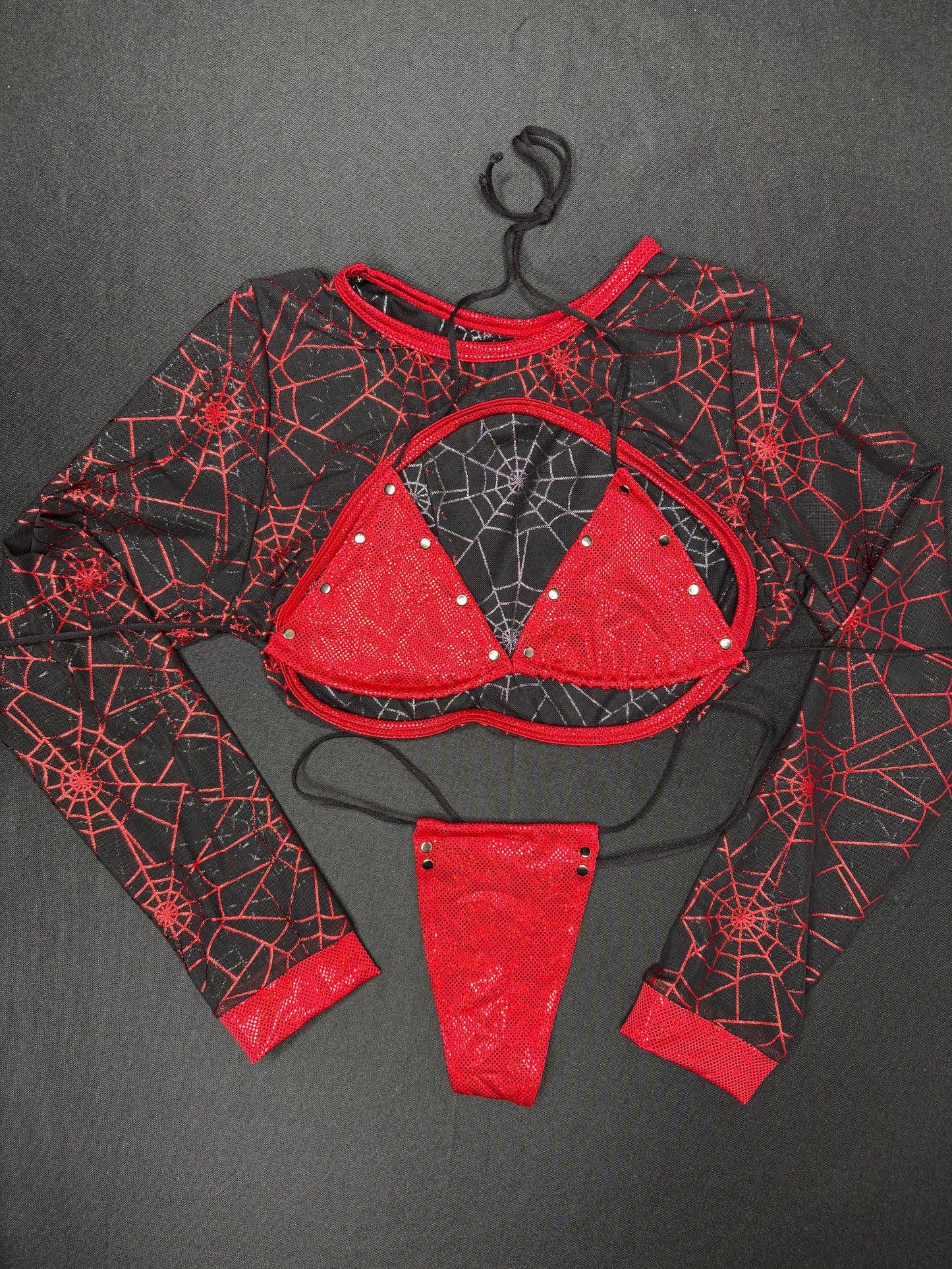 Black/Red Web Mesh Red Micro Bikini Three-Piece Lingerie Outfit