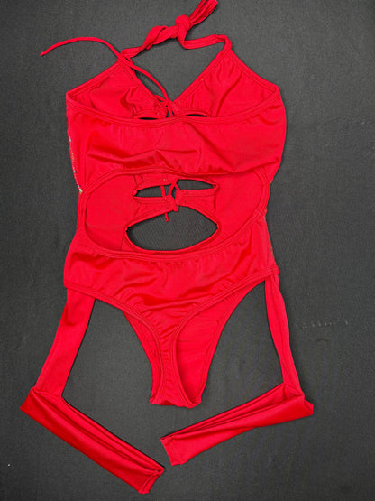 Red Snake Skin Animal Print One-Piece Garter Leotard Lingerie Outfit