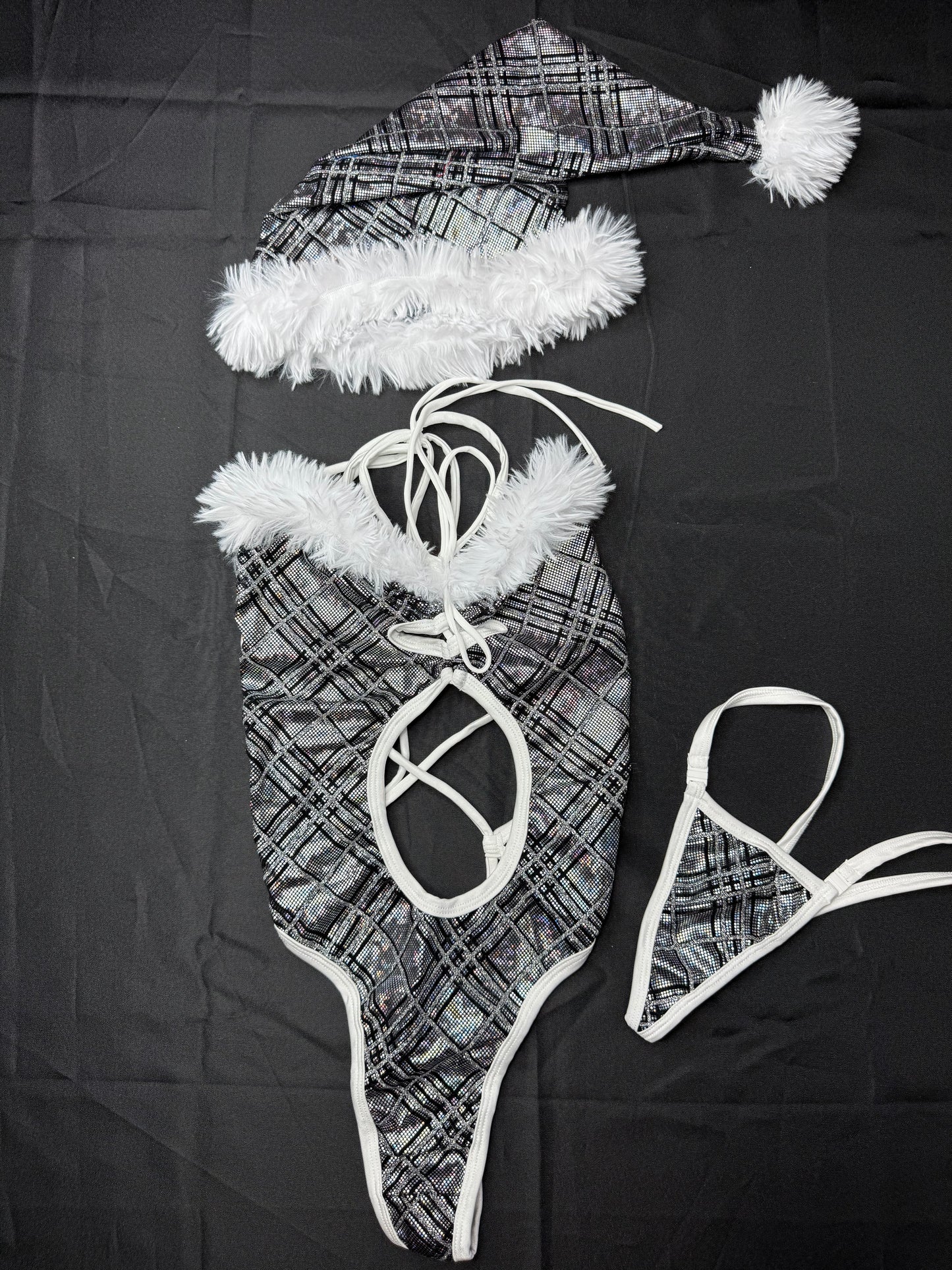 Silver/White Fur One-Piece Christmas with Hat Lingerie Outfit