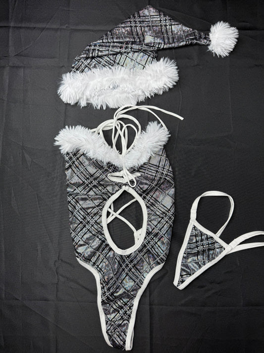 Silver/White Fur One-Piece Christmas with Hat Lingerie Outfit