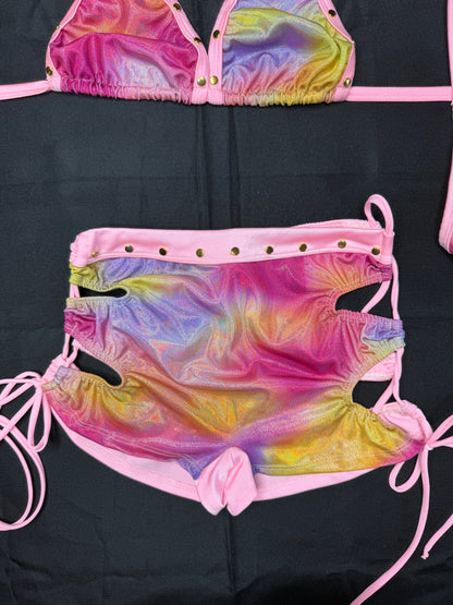 Baby Pink Holographic Multi Color Two-Piece Lingerie Outfit