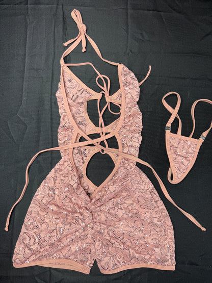 Blush Sparkle Lace One-Piece Lingerie Outfit