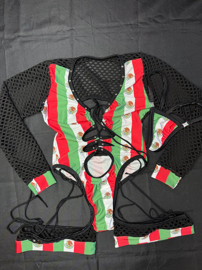 Mexico Print/Black Fishnet Spandex Romper Lingerie Outfit