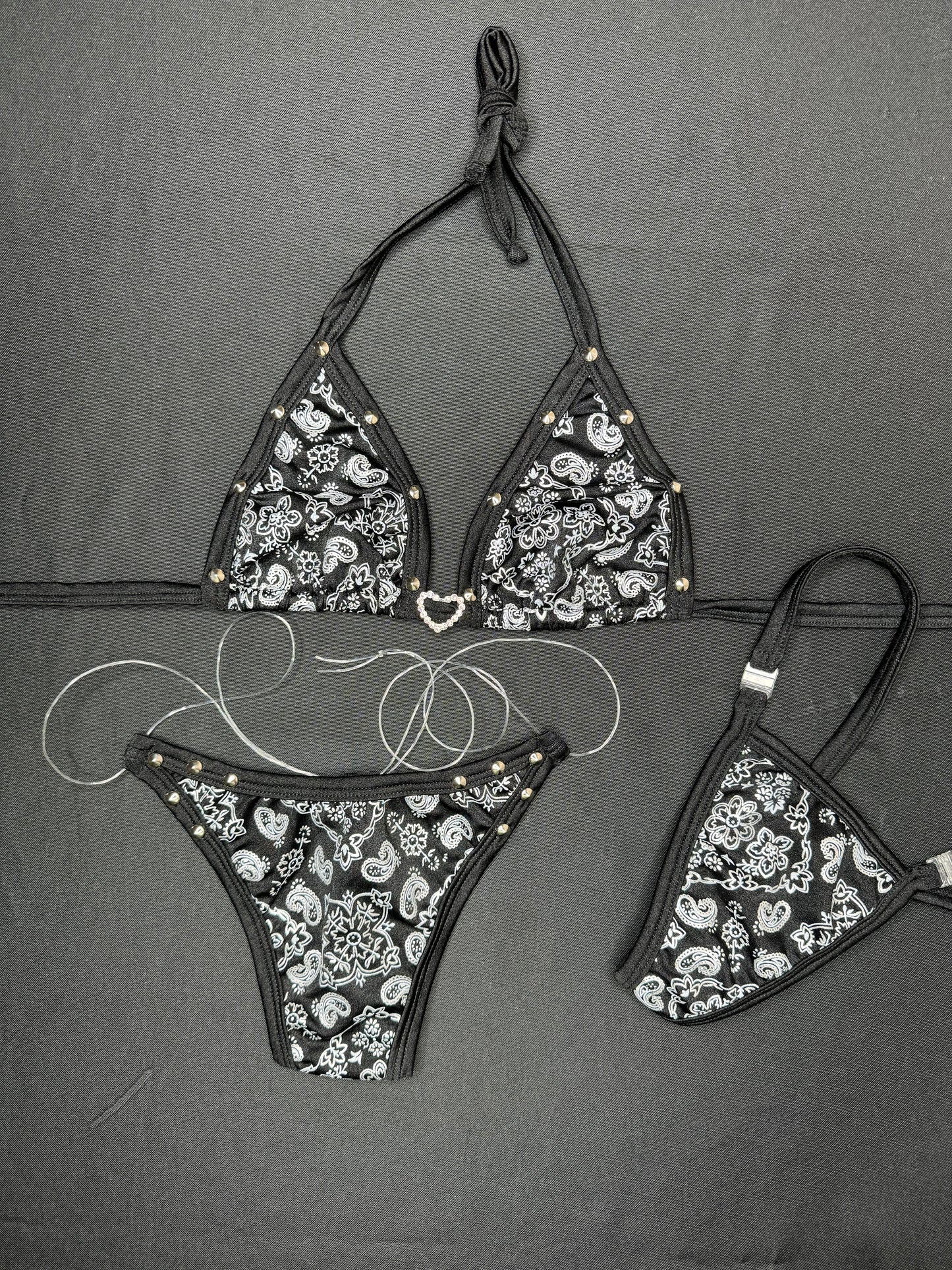 Black Bandana Two-Piece Silicone String Bottoms Bikini Lingerie Outfit