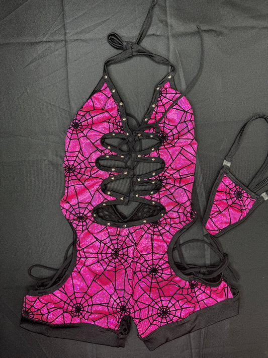 Metallic Pink Spider Web One-Piece Romper Lingerie