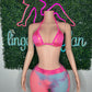 Metallic Hot Pink/Cyan Ombré Fishnet Spandex Shorts/Bikini Top Two-Piece Lingerie Outfit