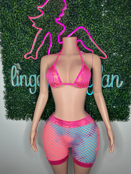 Metallic Hot Pink/Cyan Ombré Fishnet Spandex Shorts/Bikini Top Two-Piece Lingerie Outfit