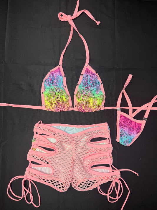 Rainbow Animal Print/Baby Pink Spandex Two-Piece Shorts Lingerie Outfit