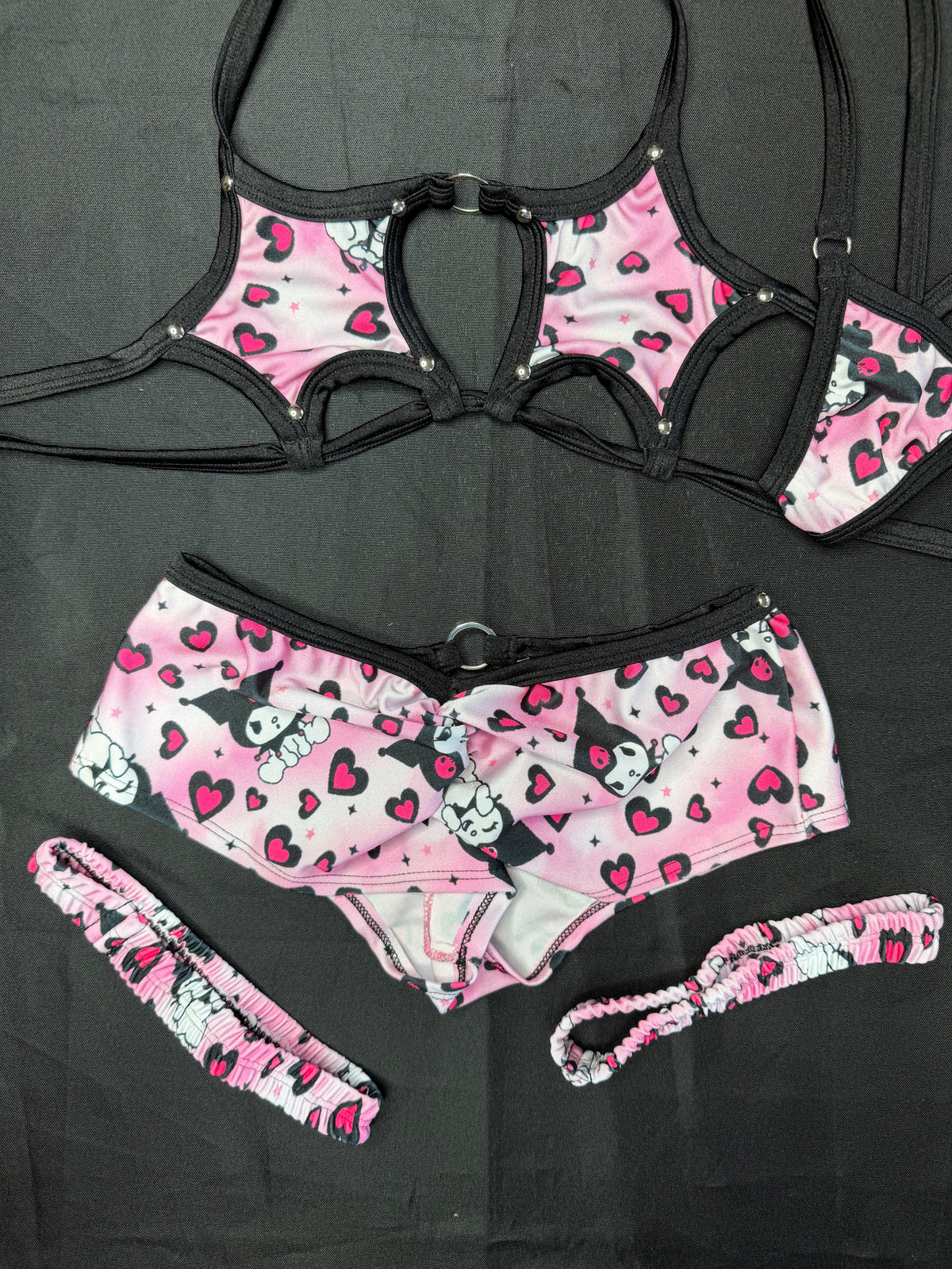 Black/Pink Kuromi Spandex Star-Top Shorts Garters Lingerie Outfit