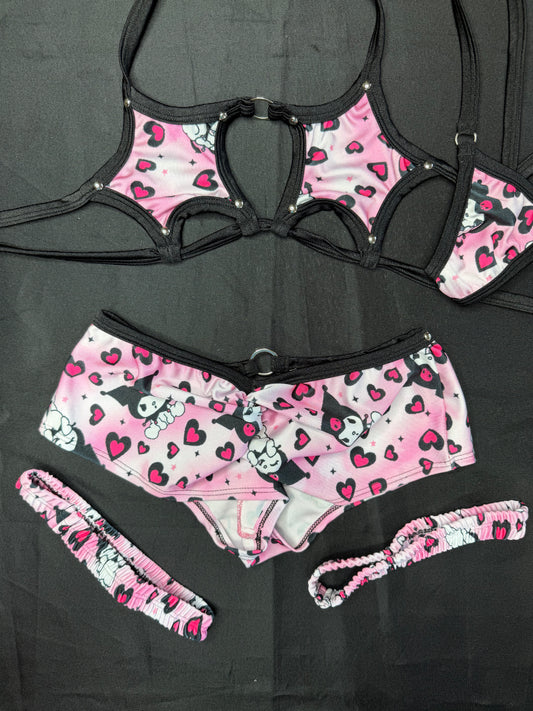 Black/Pink Kuromi Spandex Star-Top Shorts Garters Lingerie Outfit