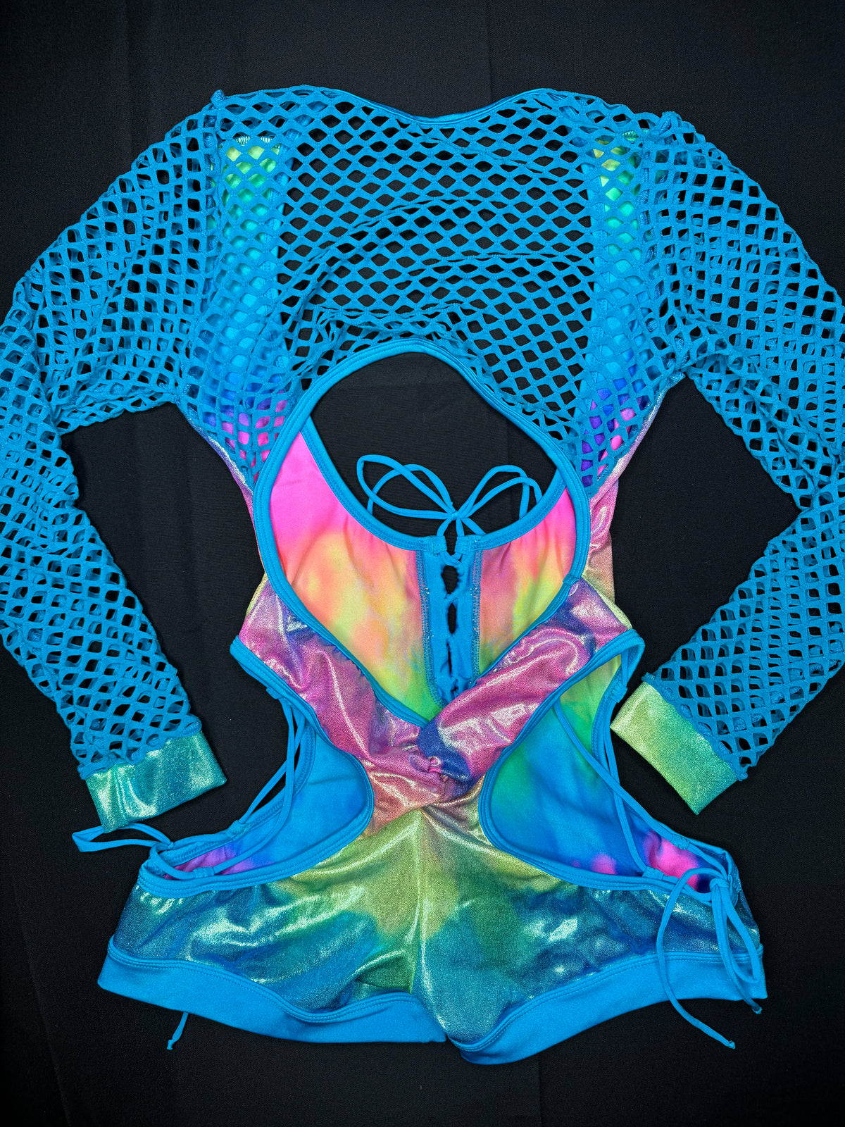 Turquoise Fishnet Rainbow/Turquoise Fishnet One-Piece Romper Lingerie Outfit ...