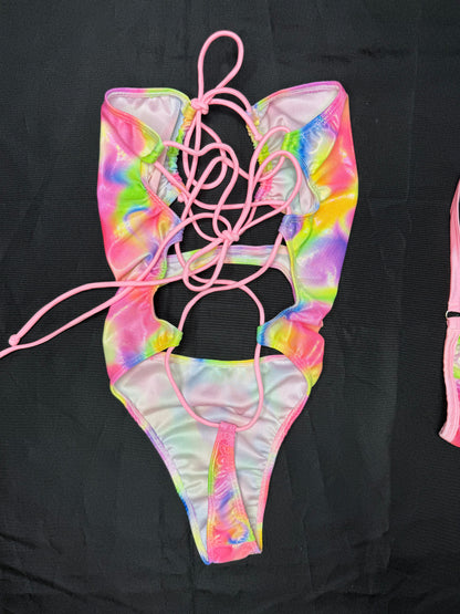 Baby Pink/Rainbow Spandex One-Piece Lingerie Outfit