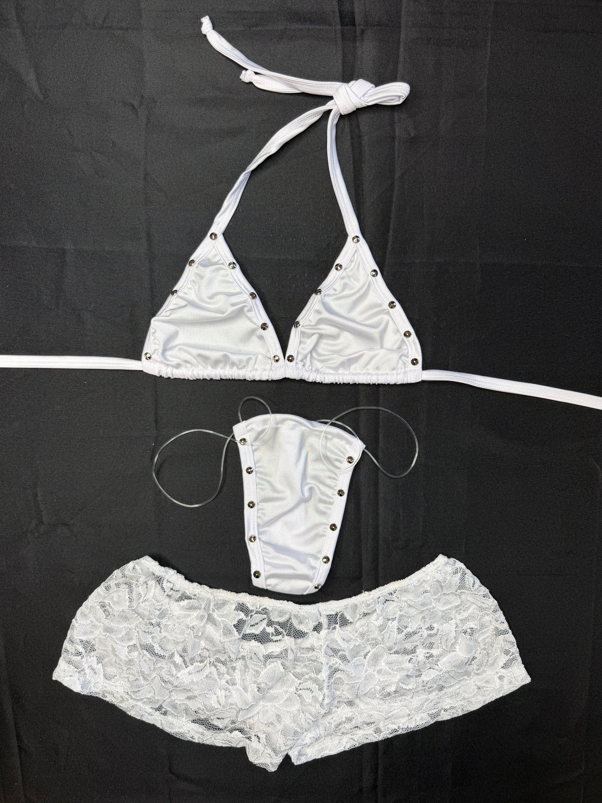 White Spandex/White Lace Three-Piece Shorts Lingerie Outfit