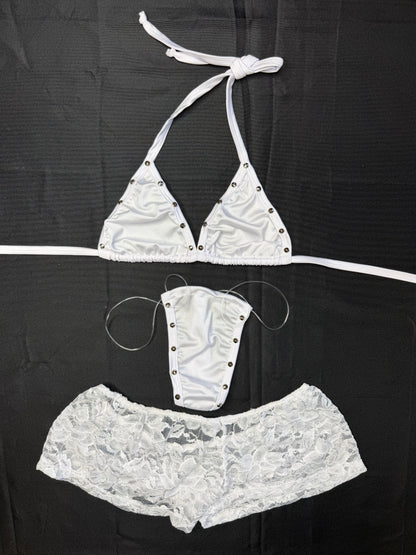 White Spandex/White Lace Three-Piece Shorts Lingerie Outfit